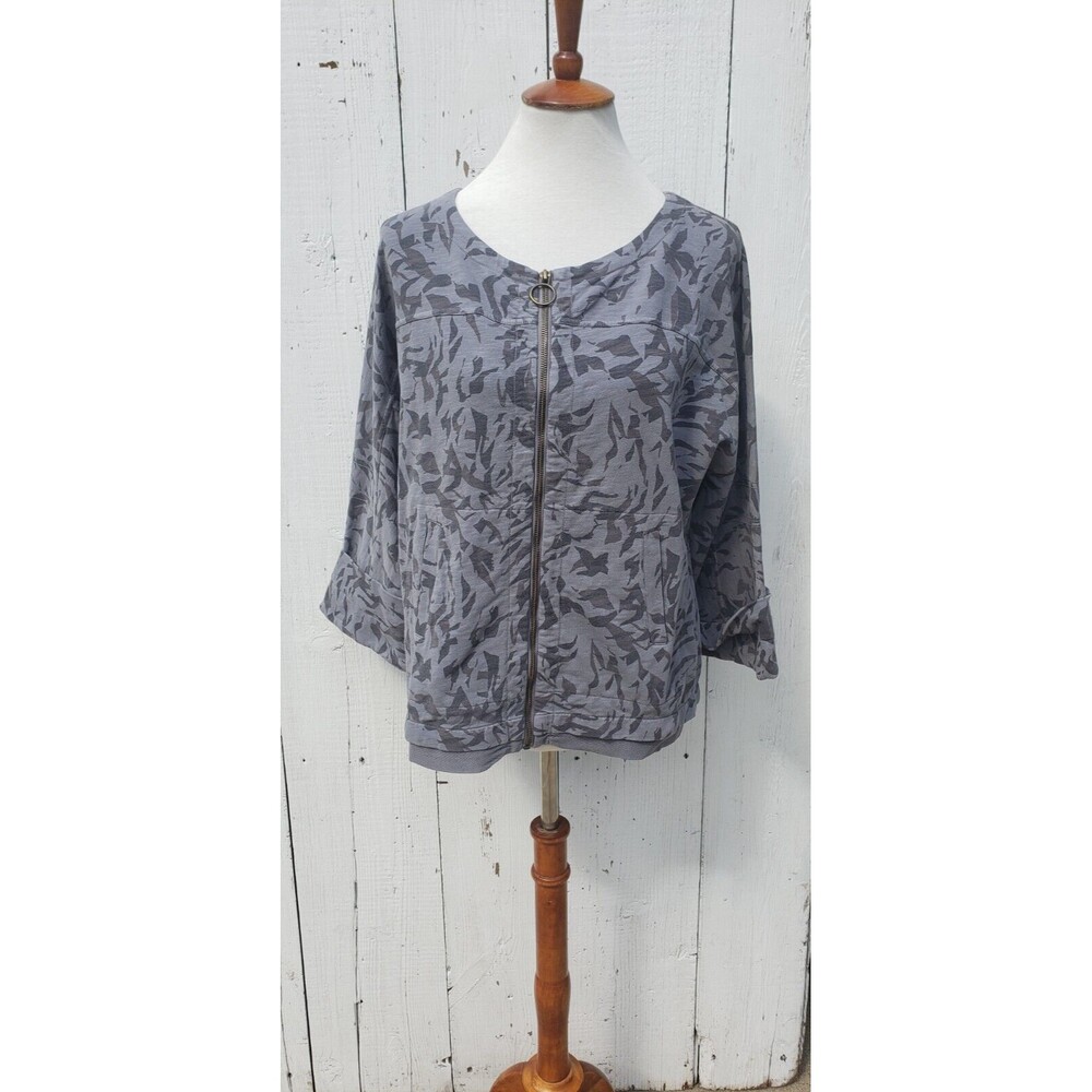XCVI Women Grey 3/4 Sleeve Oversized Cotton Blend Zip Up Jacket Sz XS - Picture 2 of 7